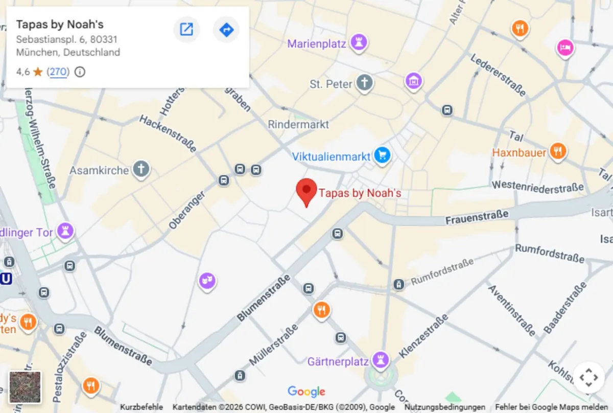 Karte der Münchner Altstadt mit Tapas by Noah’s am Sebastiansplatz